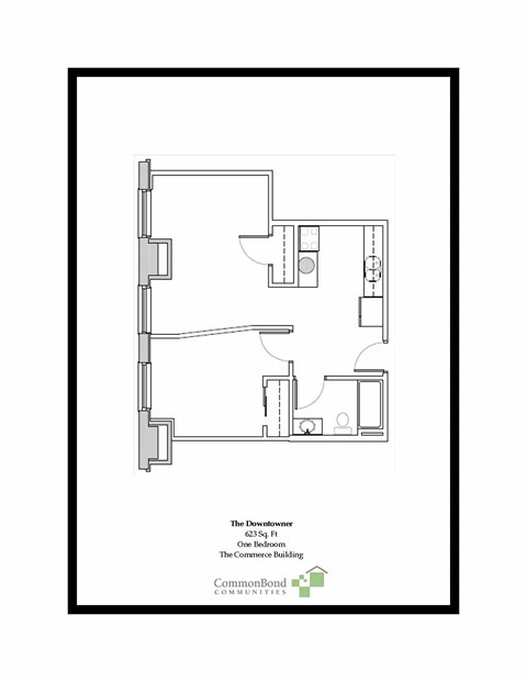 A floor plan of a one-bedroom, one-bathroom apartment in a downtown building.